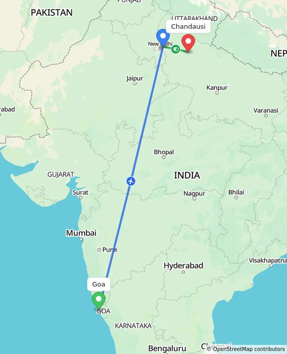 Route map showing distance and travel time from Goa, India to Chandausi, India