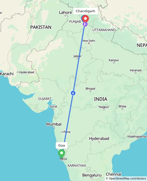 Route map showing distance and travel time from Goa, India to Chandigarh, India