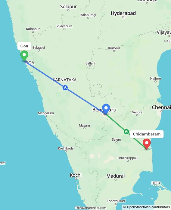 Route map showing distance and travel time from Goa, India to Chidambaram, India