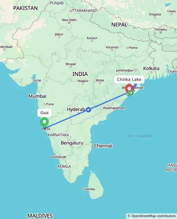Route map showing distance and travel time from Goa, India to Chilika Lake, India