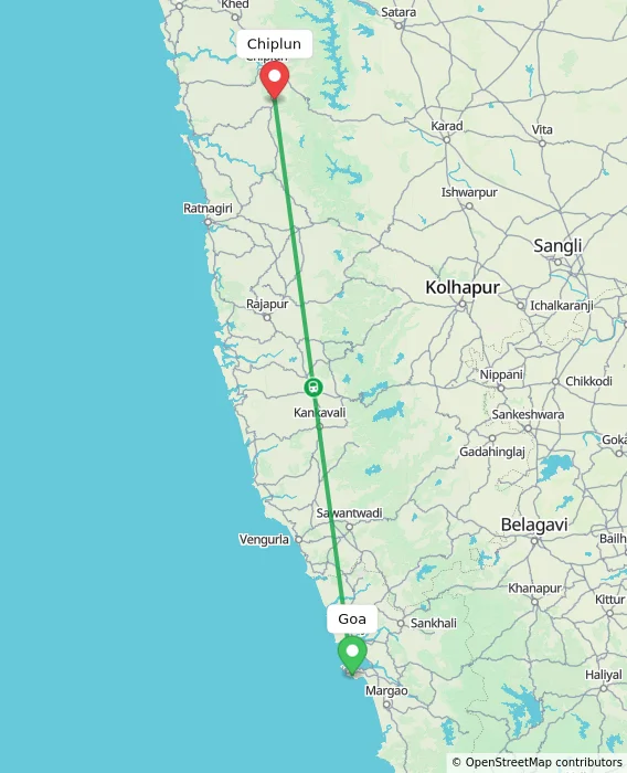 Route map showing distance and travel time from Goa, India to Chiplun, India