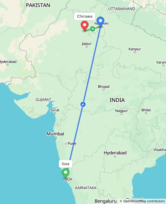 Route map showing distance and travel time from Goa, India to Chirawa, India