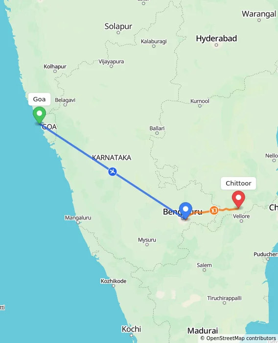 Route map showing distance and travel time from Goa, India to Chittoor, India