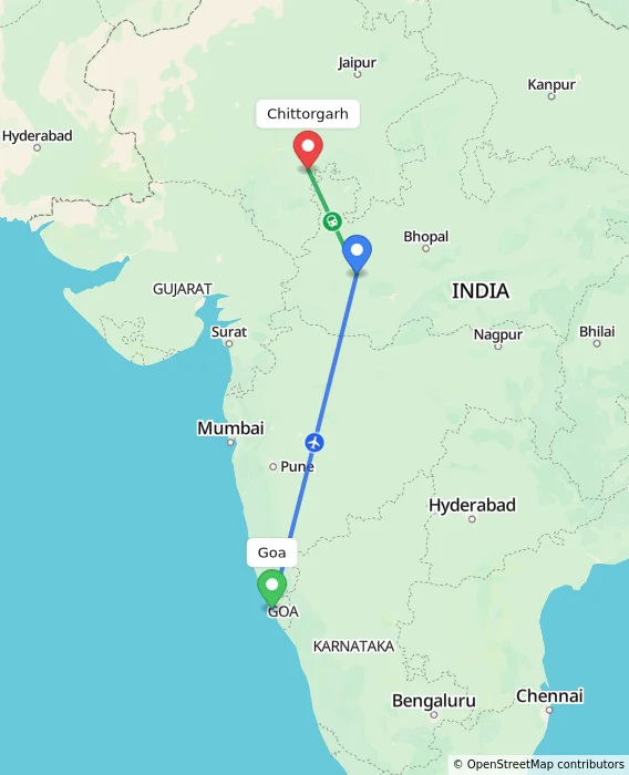 Route map showing distance and travel time from Goa, India to Chittorgarh, India