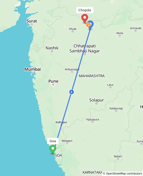 Route map showing distance and travel time from Goa, India to Chopda, India