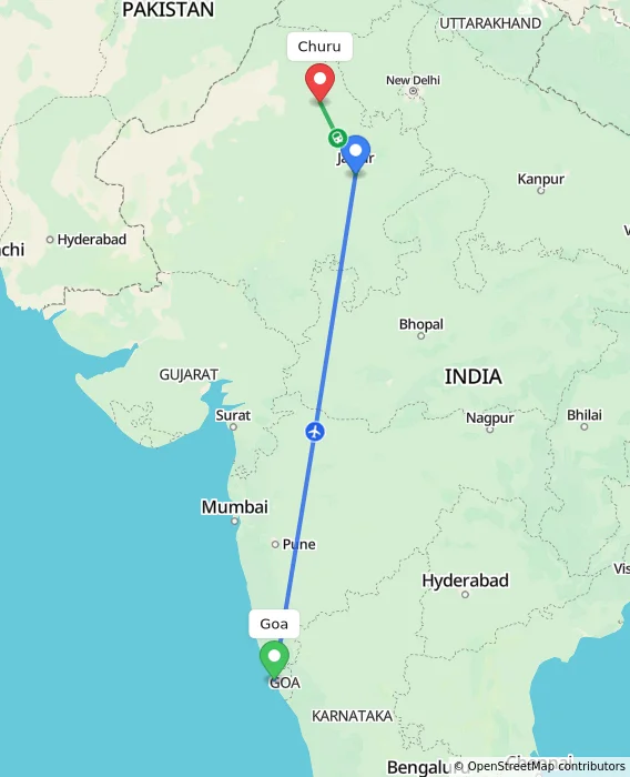 Route map showing distance and travel time from Goa, India to Churu, India