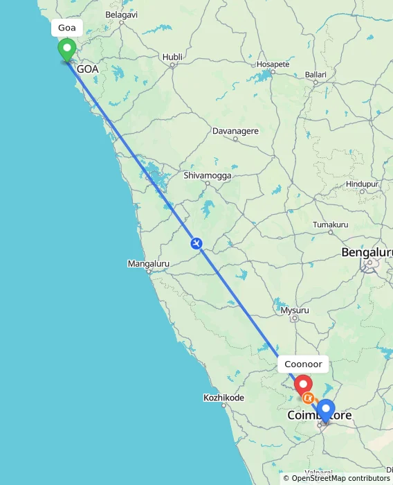 Route map showing distance and travel time from Goa, India to Coonoor, India