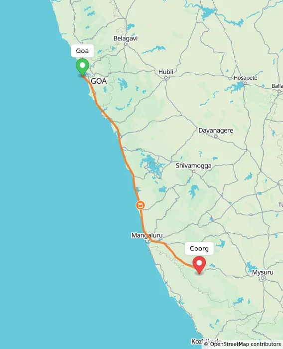 Route map showing distance and travel time from Goa, India to Coorg, India