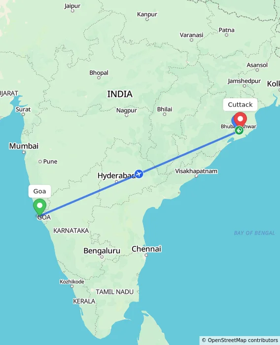 Route map showing distance and travel time from Goa, India to Cuttack, India