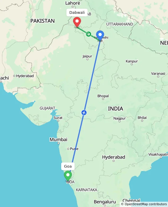 Route map showing distance and travel time from Goa, India to Dabwali, India