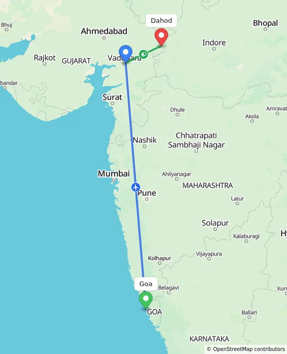 Route map showing distance and travel time from Goa, India to Dahod, India
