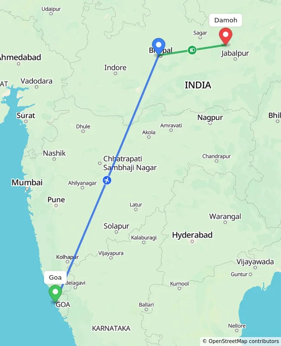 Route map showing distance and travel time from Goa, India to Damoh, India