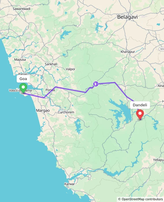 Route map showing distance and travel time from Goa, India to Dandeli, India