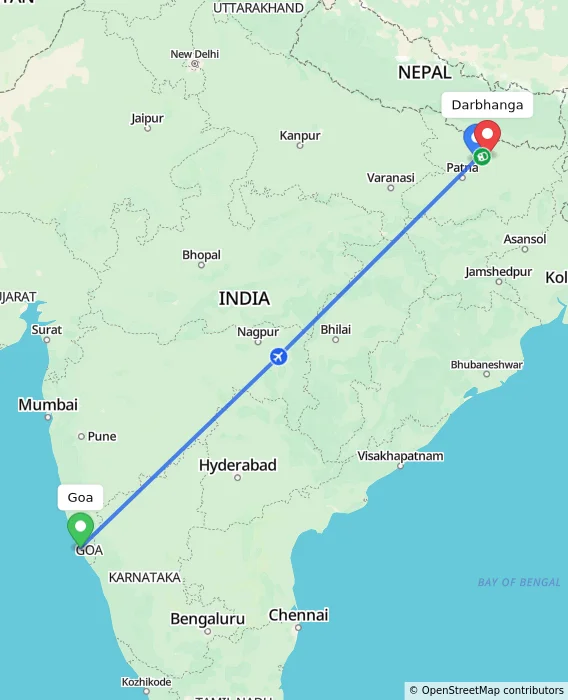 Route map showing distance and travel time from Goa, India to Darbhanga, India