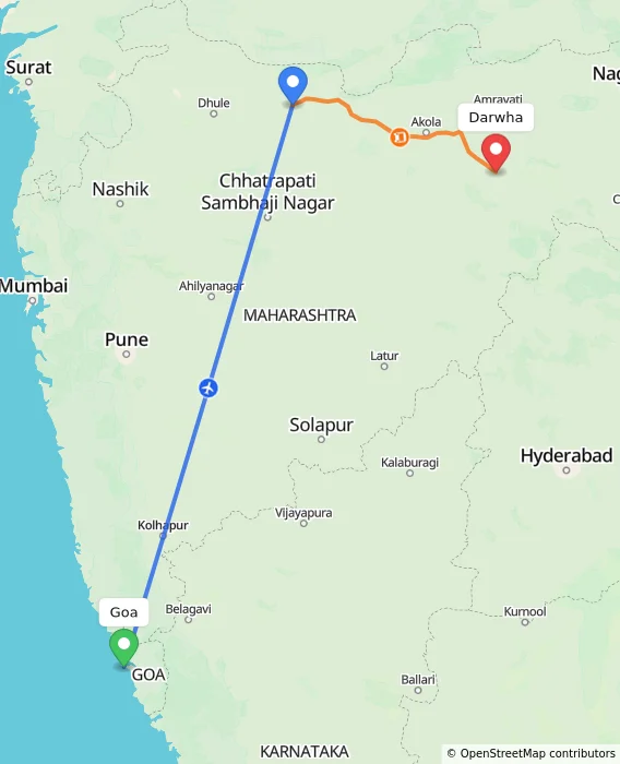 Route map showing distance and travel time from Goa, India to Darwha, India