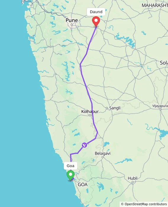 Route map showing distance and travel time from Goa, India to Daund, India