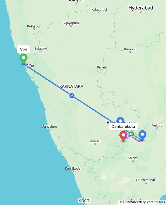 Route map showing distance and travel time from Goa, India to Denkanikota, India