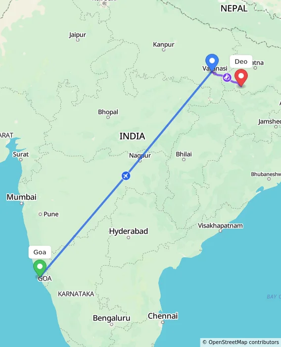 Route map showing distance and travel time from Goa, India to Deo, India