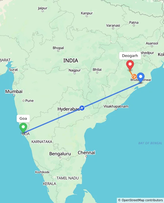 Route map showing distance and travel time from Goa, India to Deogarh, India
