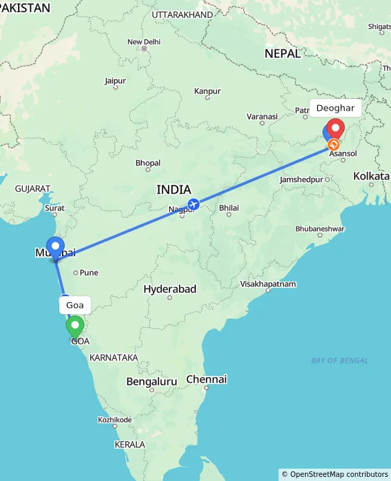 Route map showing distance and travel time from Goa, India to Deoghar, India