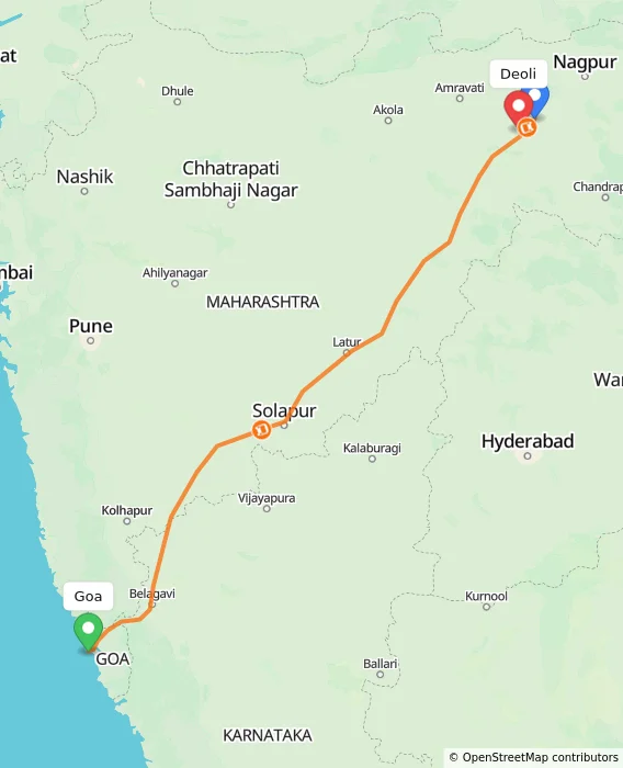 Route map showing distance and travel time from Goa, India to Deoli, India