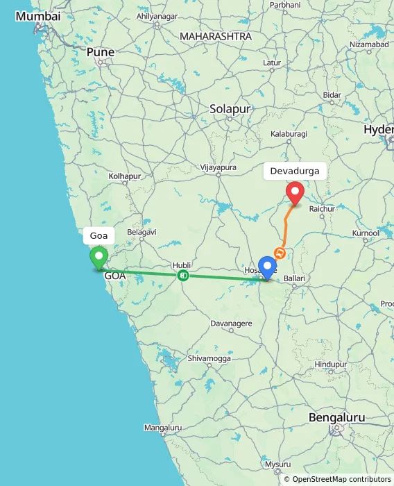 Route map showing distance and travel time from Goa, India to Devadurga, India