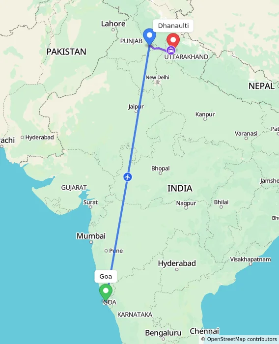 Route map showing distance and travel time from Goa, India to Dhanaulti, India