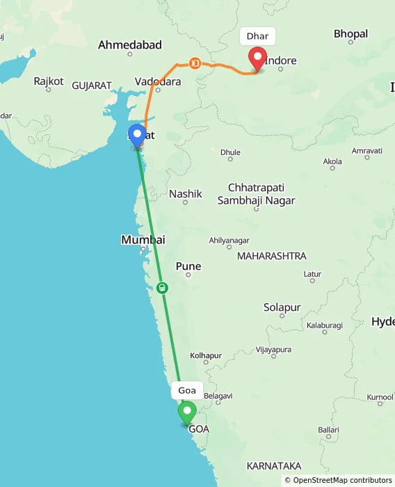 Route map showing distance and travel time from Goa, India to Dhar, India