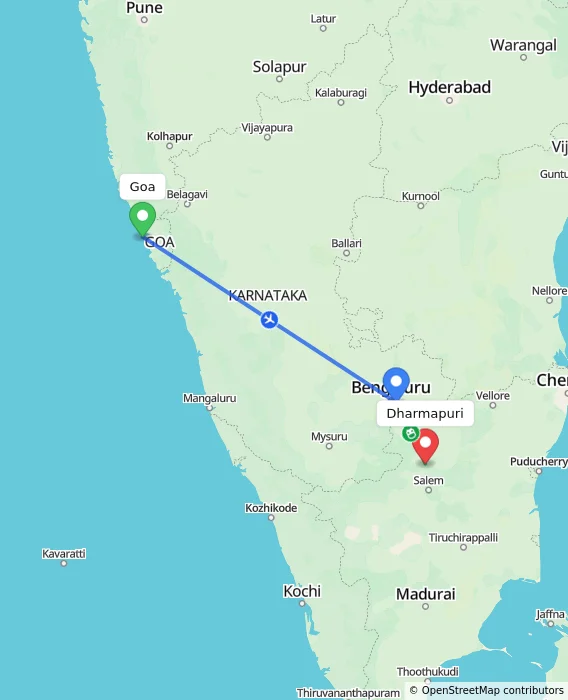 Route map showing distance and travel time from Goa, India to Dharmapuri, India