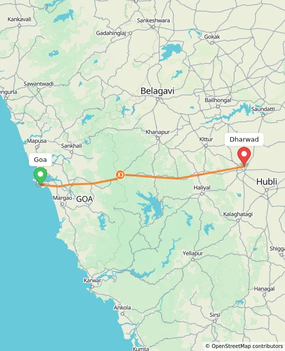 Route map showing distance and travel time from Goa, India to Dharwad, India