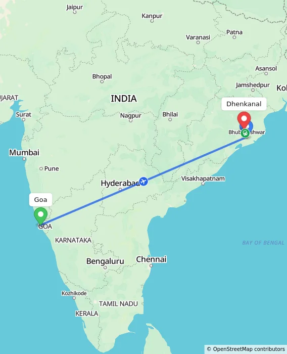 Route map showing distance and travel time from Goa, India to Dhenkanal, India