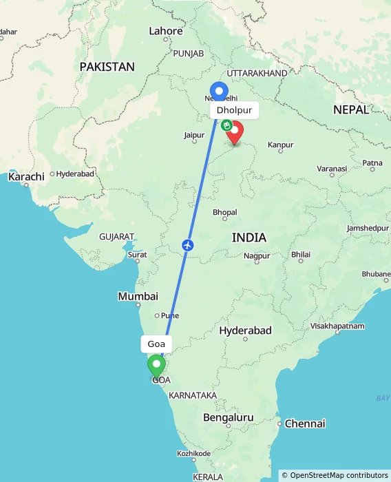 Route map showing distance and travel time from Goa, India to Dholpur, India