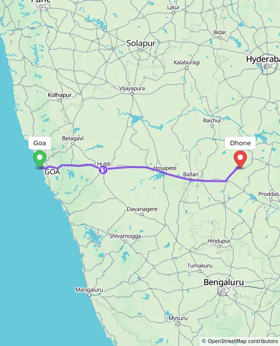 Route map showing distance and travel time from Goa, India to Dhone, India