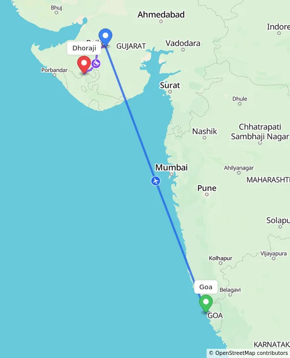 Route map showing distance and travel time from Goa, India to Dhoraji, India
