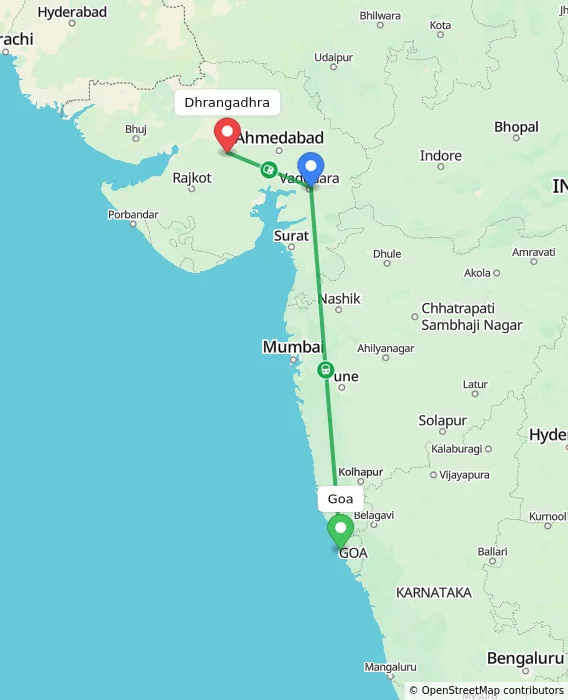 Route map showing distance and travel time from Goa, India to Dhrangadhra, India