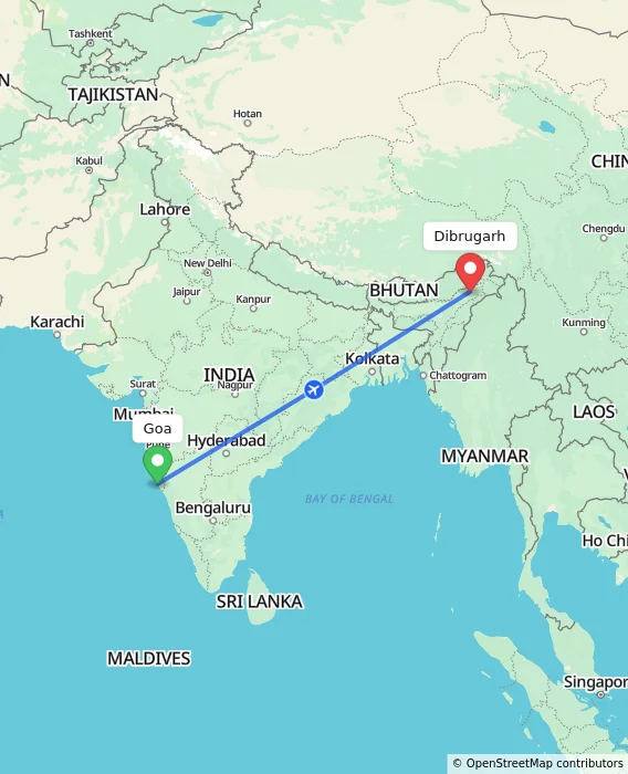 Route map showing distance and travel time from Goa, India to Dibrugarh, India