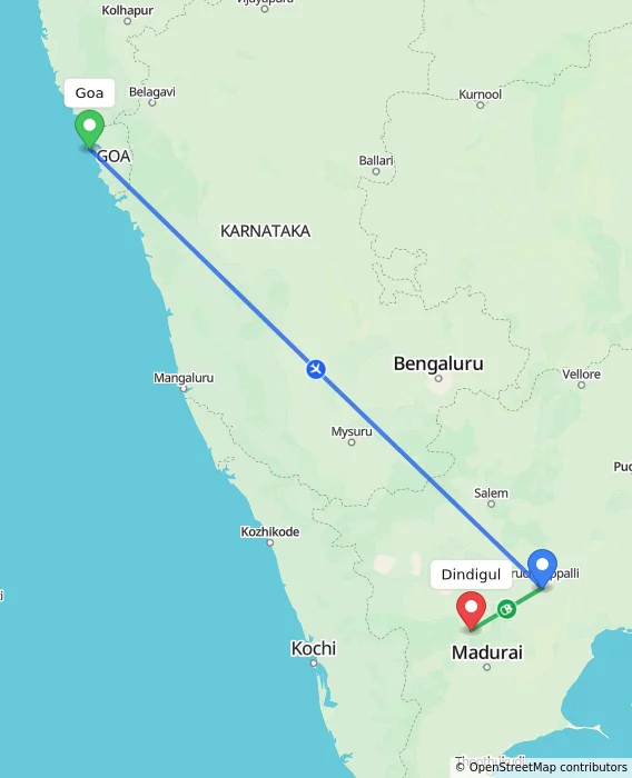 Route map showing distance and travel time from Goa, India to Dindigul, India