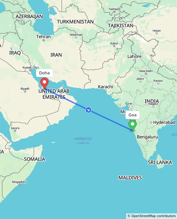 Route map showing distance and travel time from Goa, India to Doha, Qatar