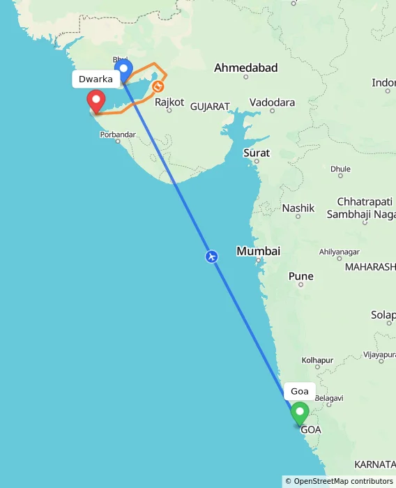 Route map showing distance and travel time from Goa, India to Dwarka, India