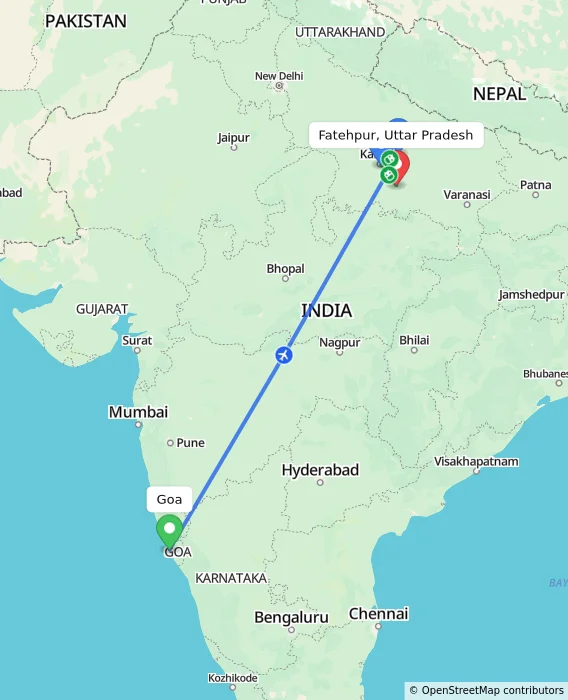 Route map showing distance and travel time from Goa, India to Fatehpur, Uttar Pradesh, India