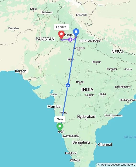 Route map showing distance and travel time from Goa, India to Fazilka, India