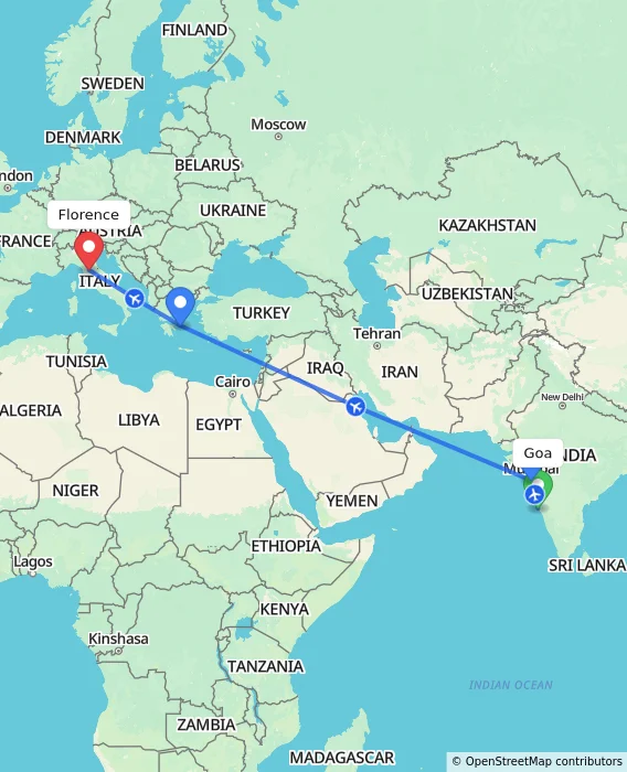 Route map showing distance and travel time from Goa, India to Florence, Italy