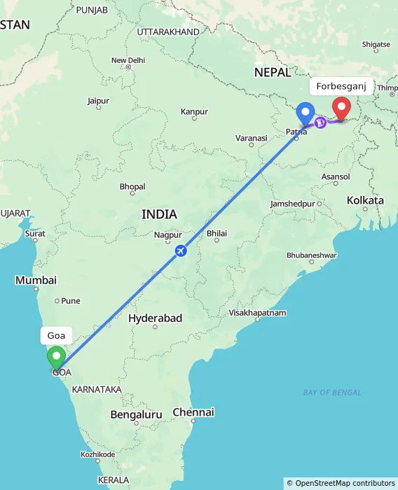 Route map showing distance and travel time from Goa, India to Forbesganj, India