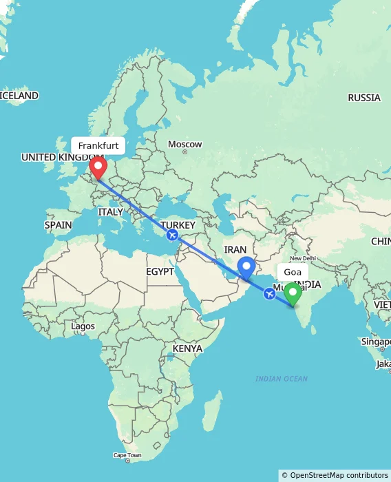 Route map showing distance and travel time from Goa, India to Frankfurt, Germany