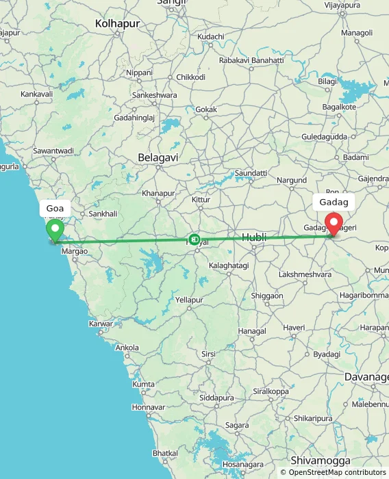 Route map showing distance and travel time from Goa, India to Gadag, India