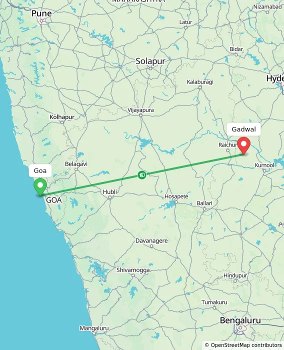 Route map showing distance and travel time from Goa, India to Gadwal, India