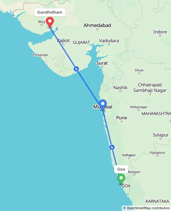 Route map showing distance and travel time from Goa, India to Gandhidham, India