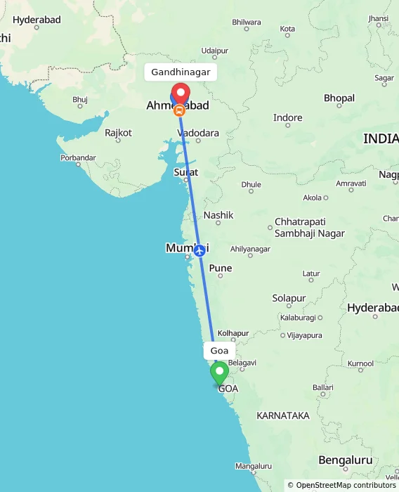 Route map showing distance and travel time from Goa, India to Gandhinagar, India