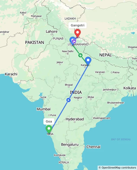Route map showing distance and travel time from Goa, India to Gangotri, India