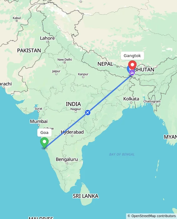 Route map showing distance and travel time from Goa, India to Gangtok, India